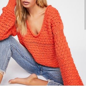 Free People Crashing Waves Chunky Wool Blend Orange Open Knit Sweater Size M